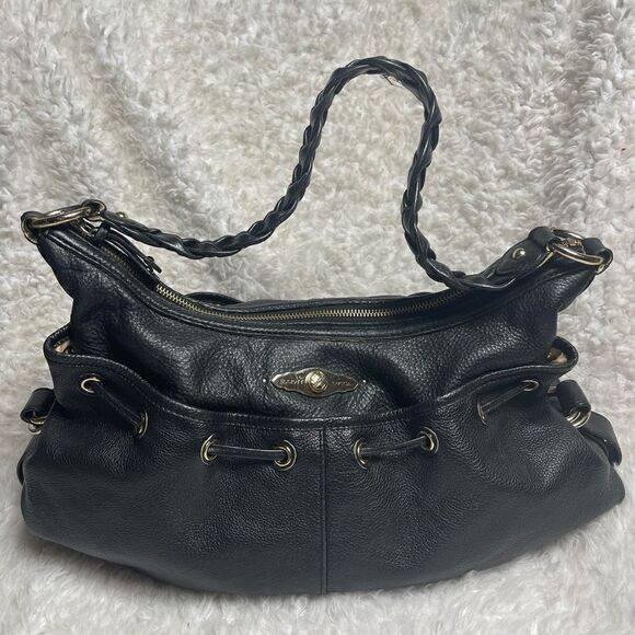 Elliott Lucca leather black medium shoulder bag braided strap gold tone accents - Picture 1 of 14